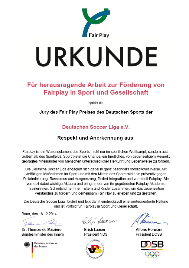 Fairplay Urkunde des BMI, VDS und DOSB
